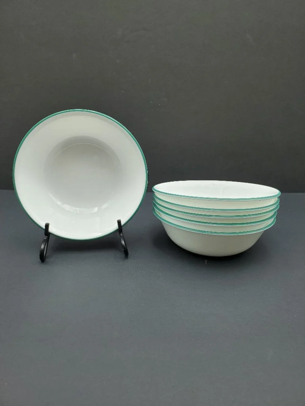 Corelle Penelope Soup Bowls Corning White Cereal Bowls with Dark Green Edge